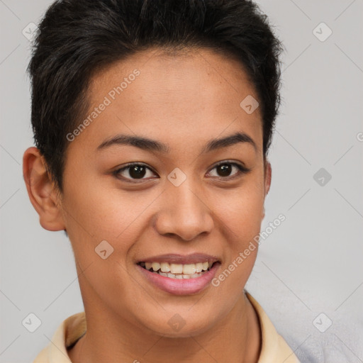 Joyful black young-adult female with short  brown hair and brown eyes