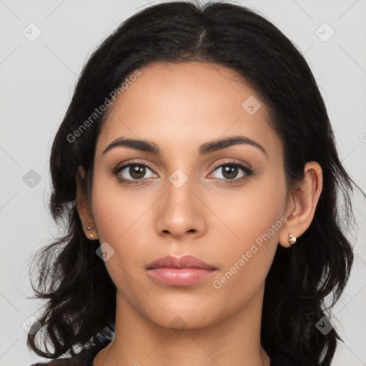 Neutral latino young-adult female with long  brown hair and brown eyes