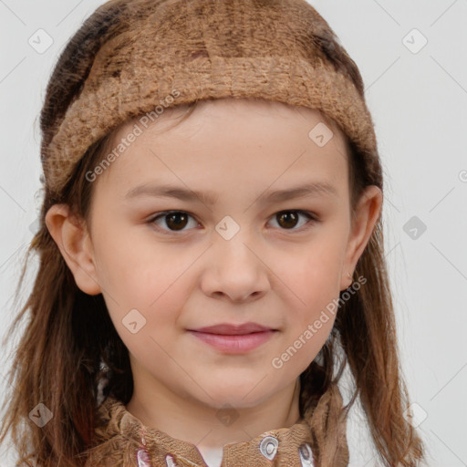 Joyful white child female with medium  brown hair and brown eyes