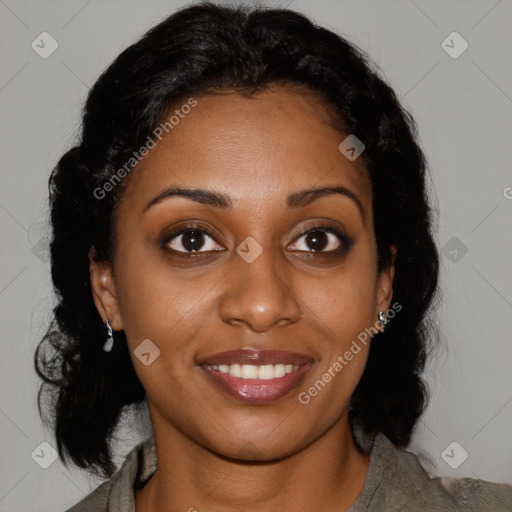 Joyful black young-adult female with medium  brown hair and brown eyes