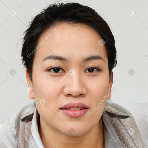 Joyful asian young-adult female with medium  brown hair and brown eyes