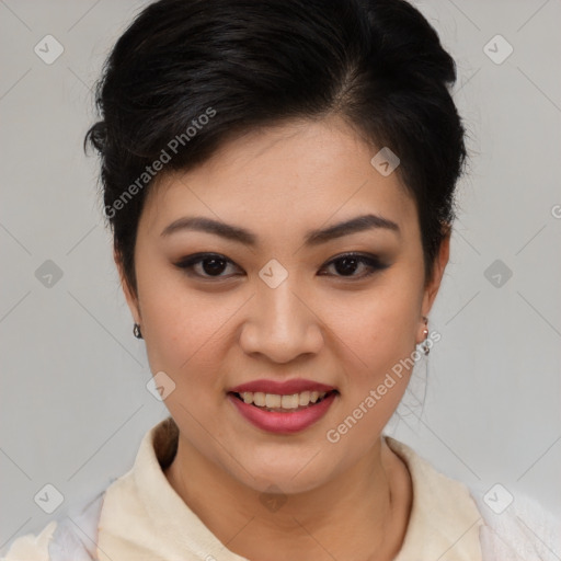 Joyful asian young-adult female with short  brown hair and brown eyes