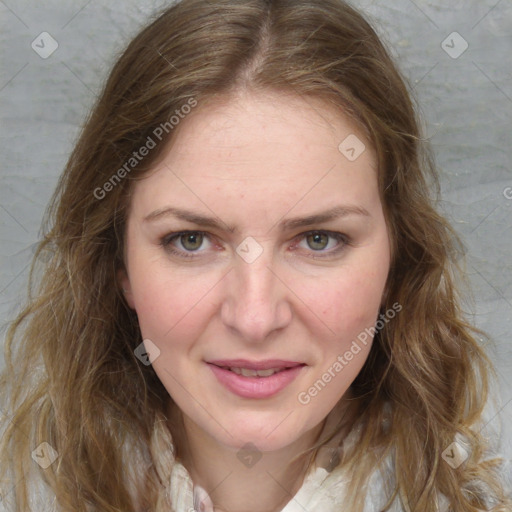 Joyful white young-adult female with medium  brown hair and green eyes