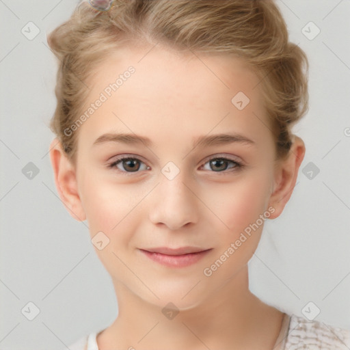 Joyful white child female with medium  brown hair and grey eyes