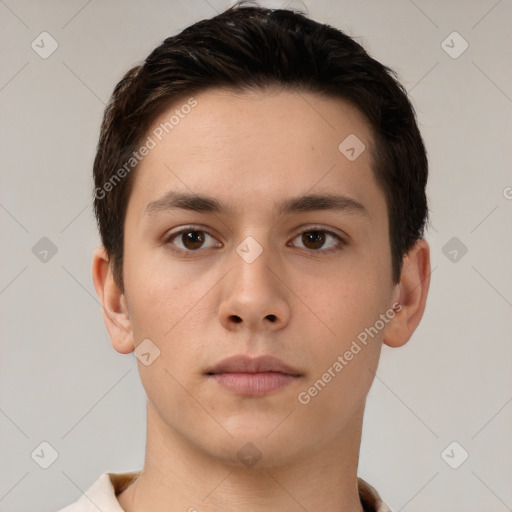 Neutral white young-adult male with short  brown hair and brown eyes