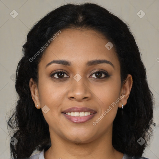 Joyful latino young-adult female with long  brown hair and brown eyes