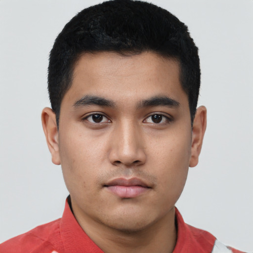 Neutral asian young-adult male with short  black hair and brown eyes