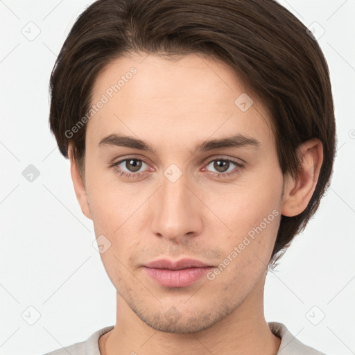 Neutral white young-adult male with short  brown hair and brown eyes