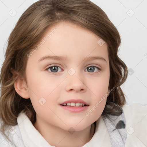 Joyful white child female with medium  brown hair and grey eyes