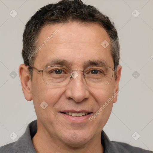 Joyful white middle-aged male with short  brown hair and brown eyes