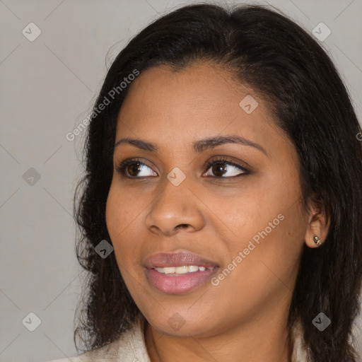 Joyful asian young-adult female with long  brown hair and brown eyes