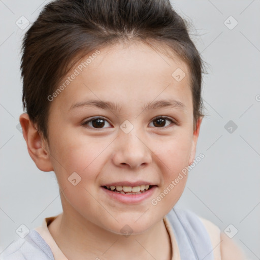 Joyful white child female with short  brown hair and brown eyes