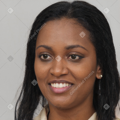 Joyful latino young-adult female with long  brown hair and brown eyes