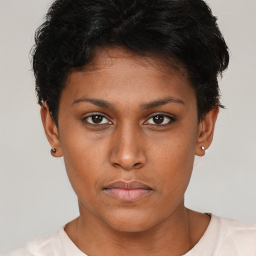 Neutral asian young-adult female with short  brown hair and brown eyes