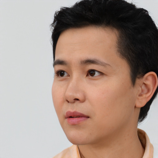 Neutral asian young-adult male with short  black hair and brown eyes