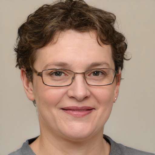 Joyful white adult female with short  brown hair and grey eyes