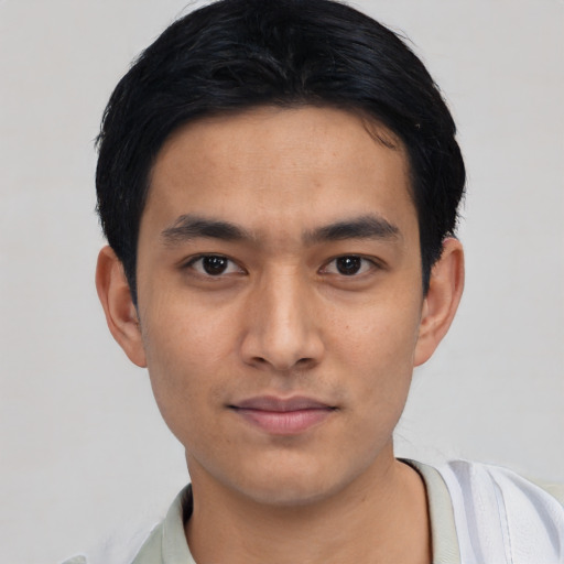 Neutral asian young-adult male with short  black hair and brown eyes