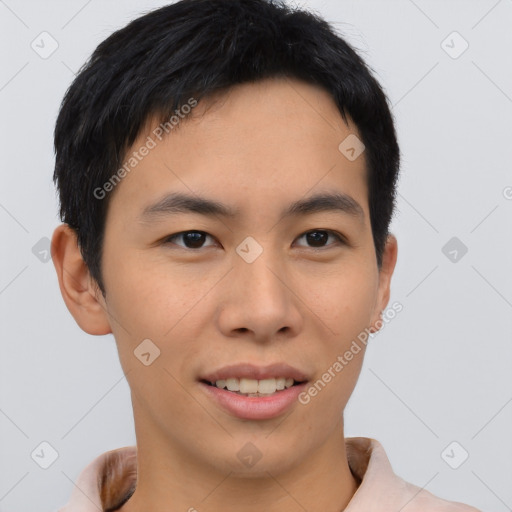 Joyful asian young-adult male with short  black hair and brown eyes