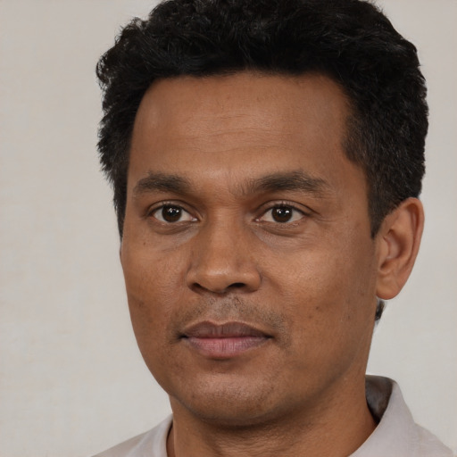 Neutral black adult male with short  black hair and brown eyes