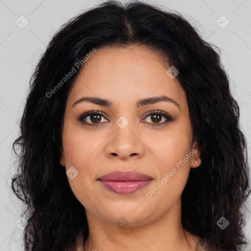 Joyful latino young-adult female with long  brown hair and brown eyes