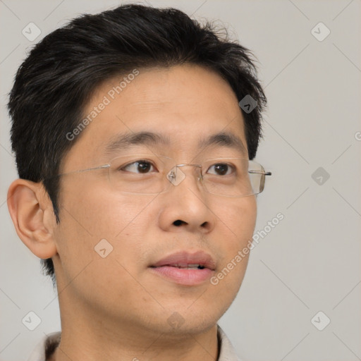 Neutral asian young-adult male with short  brown hair and brown eyes