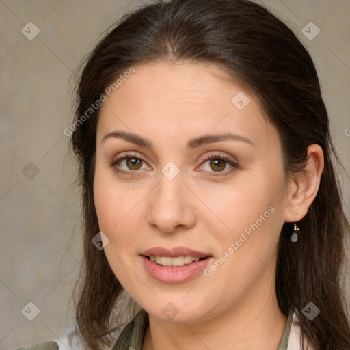 Joyful white young-adult female with medium  brown hair and brown eyes