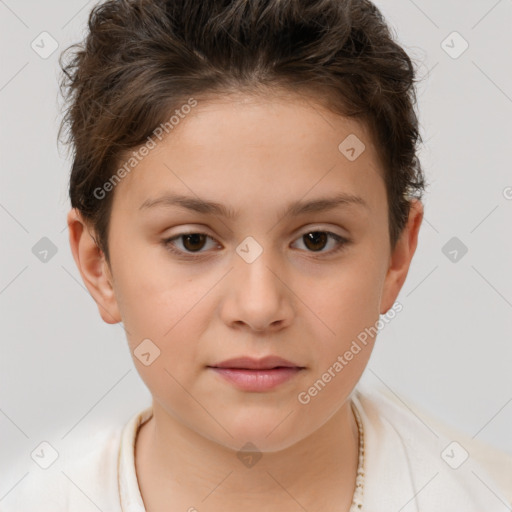 Joyful white child female with short  brown hair and brown eyes