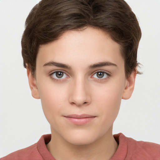 Neutral white young-adult female with short  brown hair and brown eyes