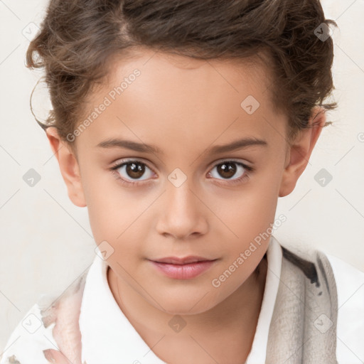 Joyful white child female with short  brown hair and brown eyes