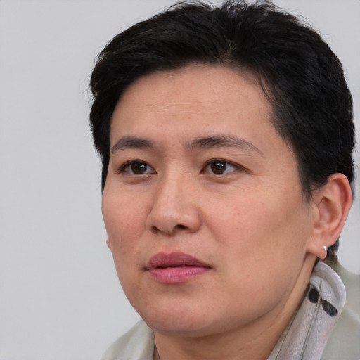 Joyful asian adult male with short  brown hair and brown eyes