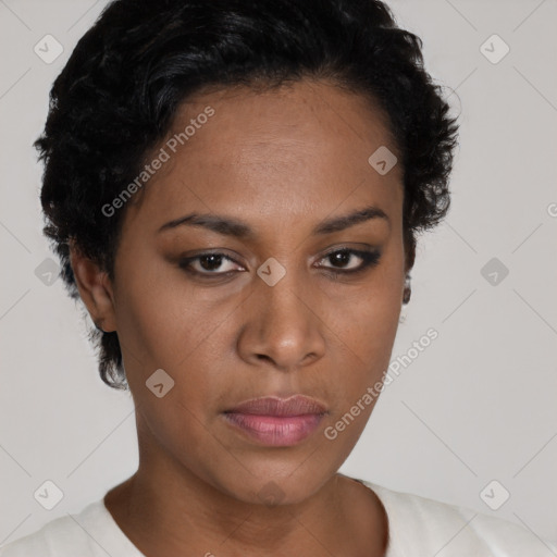 Neutral black young-adult female with short  brown hair and brown eyes