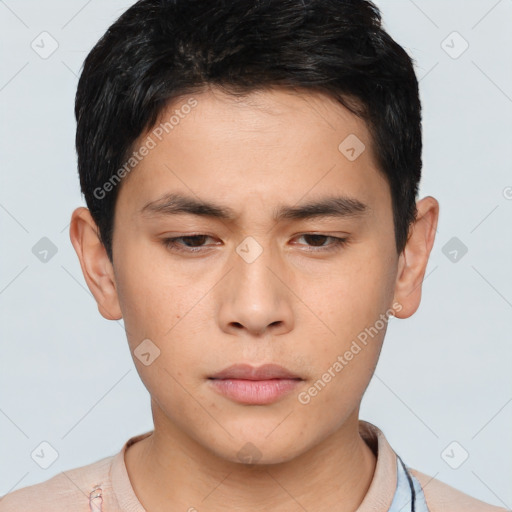 Neutral asian young-adult male with short  brown hair and brown eyes