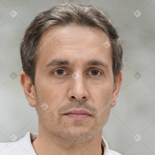 Neutral white adult male with short  brown hair and brown eyes