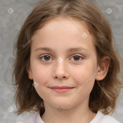 Joyful white child female with medium  brown hair and brown eyes