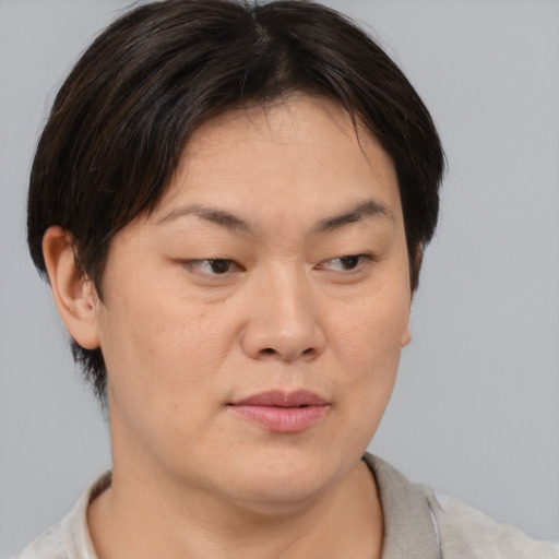Neutral asian young-adult female with short  brown hair and brown eyes