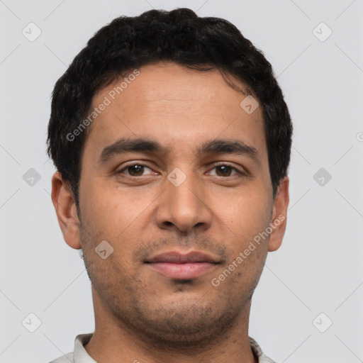 Neutral latino young-adult male with short  black hair and brown eyes