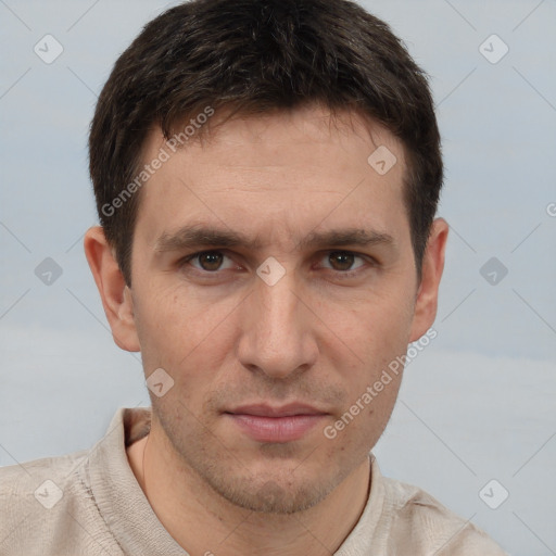 Neutral white young-adult male with short  brown hair and brown eyes