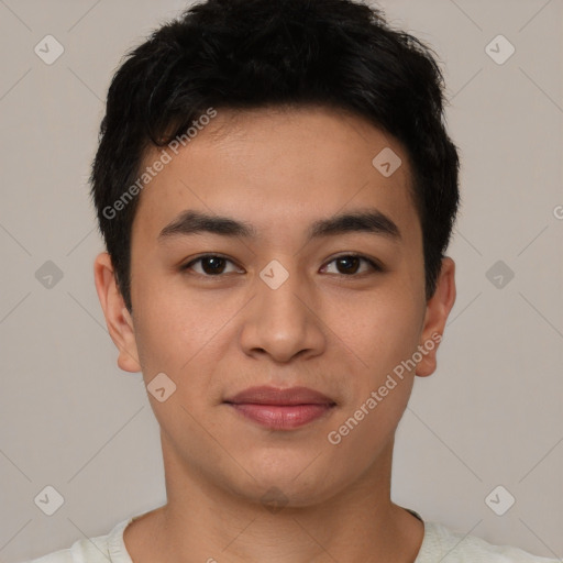 Joyful asian young-adult male with short  brown hair and brown eyes