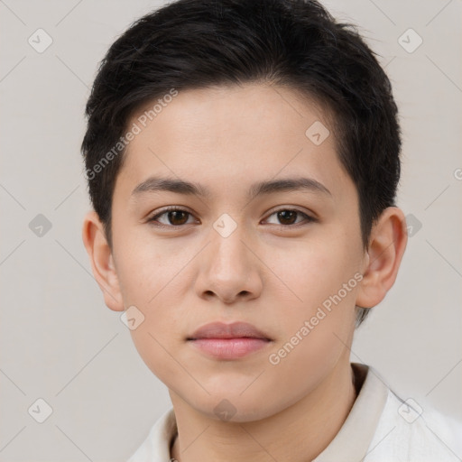 Neutral white young-adult female with short  brown hair and brown eyes