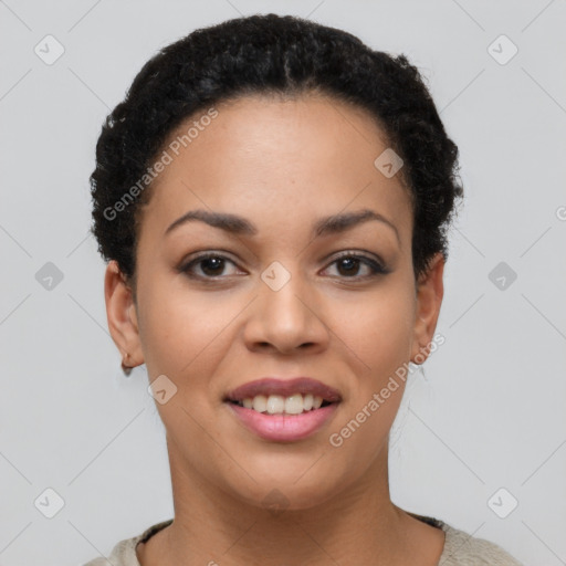 Joyful latino young-adult female with short  brown hair and brown eyes