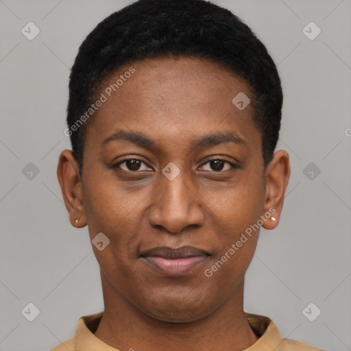 Joyful black young-adult female with short  black hair and brown eyes
