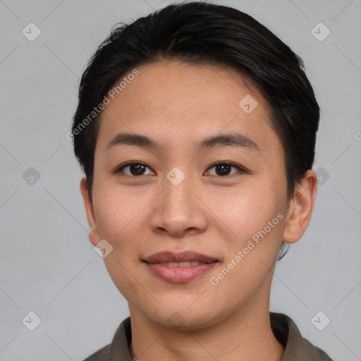 Joyful asian young-adult female with short  brown hair and brown eyes