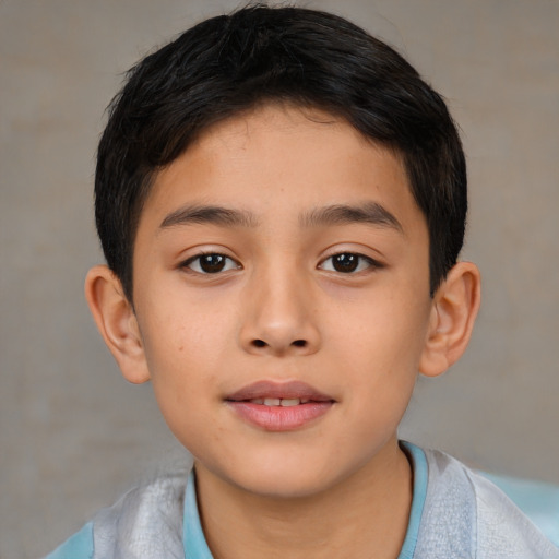 Joyful asian child male with short  brown hair and brown eyes