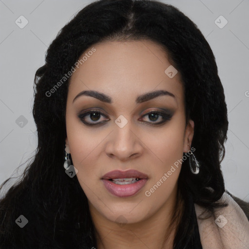 Joyful latino young-adult female with long  black hair and brown eyes