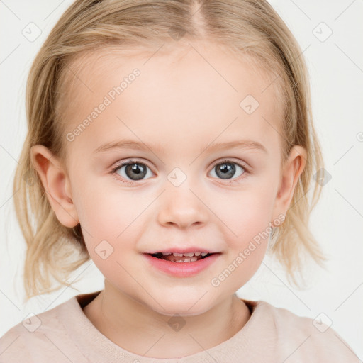 Joyful white child female with medium  brown hair and blue eyes