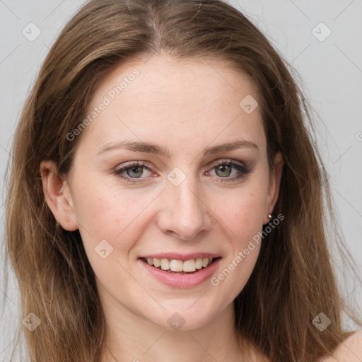 Joyful white young-adult female with long  brown hair and grey eyes