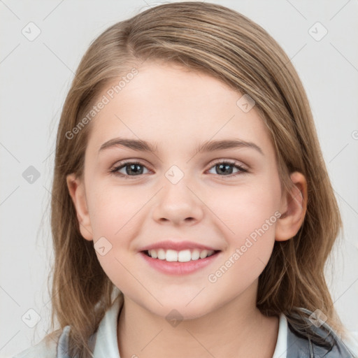 Joyful white child female with medium  brown hair and grey eyes