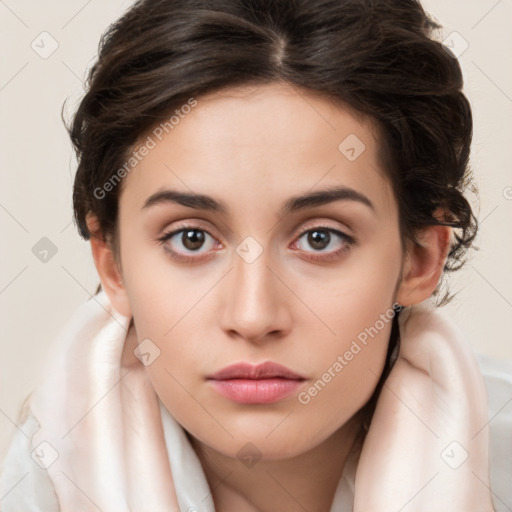 Neutral white young-adult female with long  brown hair and brown eyes