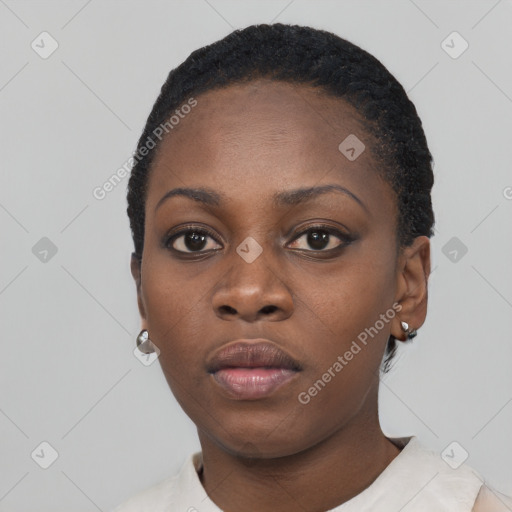 Neutral black young-adult female with short  black hair and brown eyes