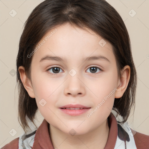 Joyful white child female with medium  brown hair and brown eyes